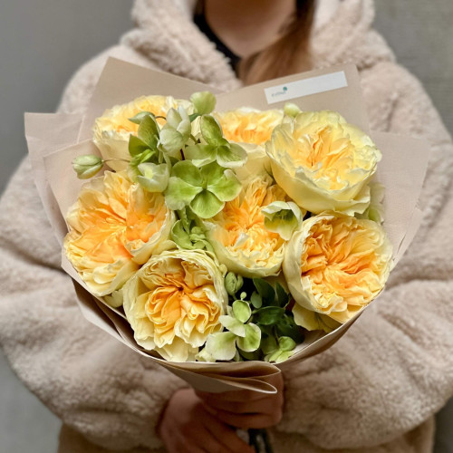 Сонячний букет із 7 піоновидних троянд Antonia та хелеборусу «Промінчик для Юлечки»