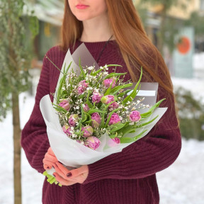 Duo bouquet of peony lavender tulips and fragrant white genista «Spring for Anyuta»