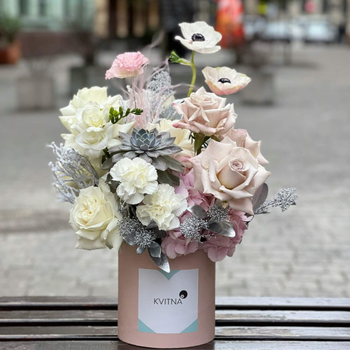 Most delicate composition of hydrangea, roses and anemones «Dreamy Jiliya»