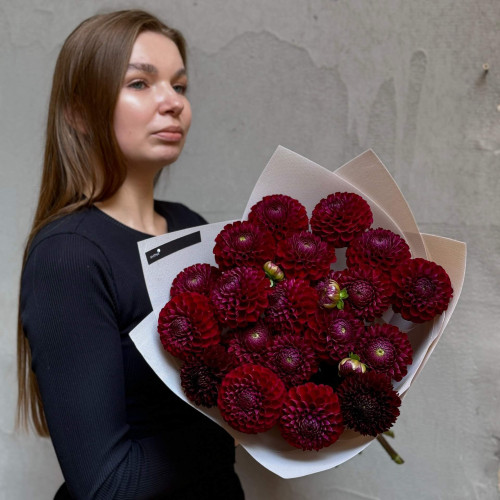 Тёмный насыщенный букет из 19 георгин «Северная любовь»