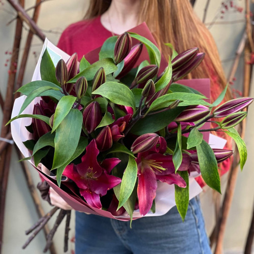 5 розкішних бордових лілій Bombastic у букеті «Аромат Бургундії»