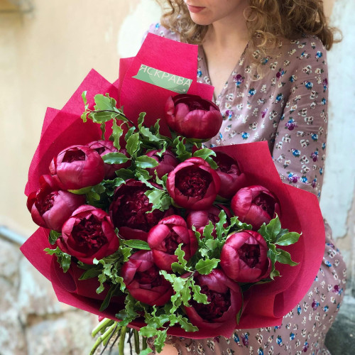 15 peonies in a bouquet «Burgundy shine»