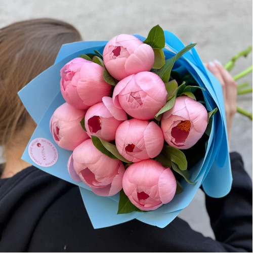 9 Salmon Dream peonies in a bouquet «Strawberry Sorbet»
