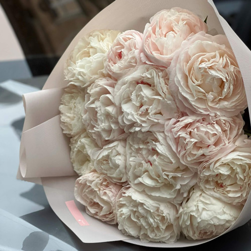 15 peonies in a bouquet «Powder cloud»