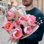 Delicate bouquet of 7 Salmon Dream pink peonies «Luxurious Necklace»