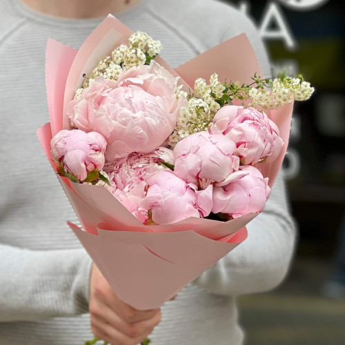 7 light pink peonies in a bouquet «Flower of Tenderness»