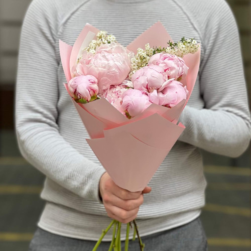7 light pink peonies in a bouquet «Flower of Tenderness»