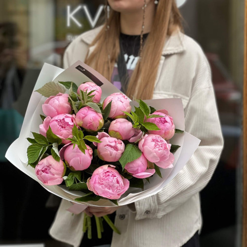 Delicate bouquet of 13 peonies «Girl's diamonds»