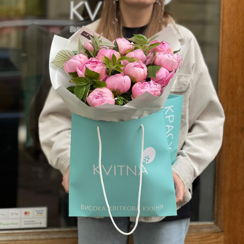 Delicate bouquet of 13 peonies «Girl's diamonds»