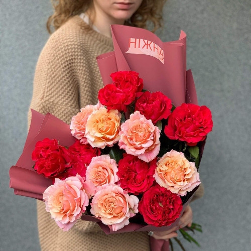 15 peony roses in a bouquet «Burning tenderness»