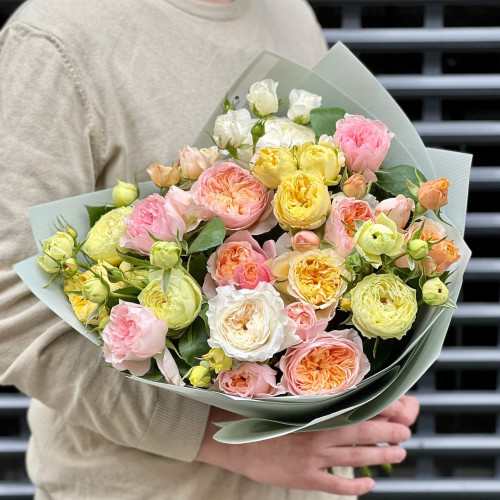 Mix of spray peony roses in a bouquet «Colored dream»