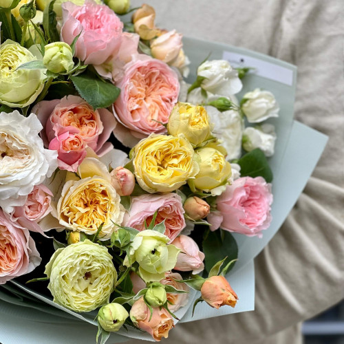 Mix of spray peony roses in a bouquet «Colored dream»