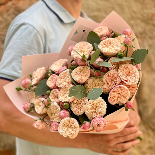 Exquisite bouquet of spray Royal Blush peony roses and eucalyptus «Powder Pearl»