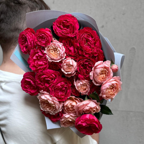 Микс кустовых пионовидных роз Juliet и Bachelor в букете «Страстные лепестки»