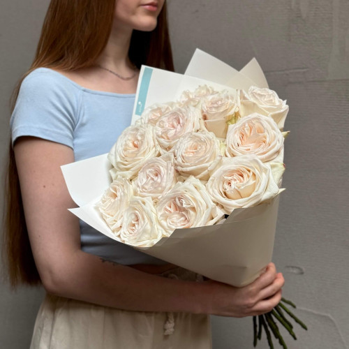 13 запашних півонієвидних троянд White O'Hara в букеті «Ароматна симфонія»