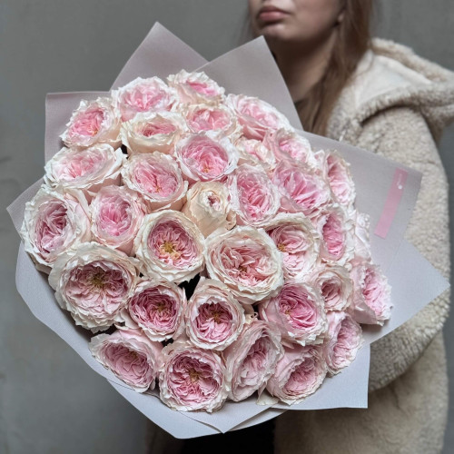 33 ніжно-рожеві піоновидні троянди Tsumugi у букеті «Мрії принцеси»