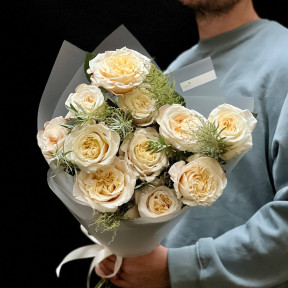 11 peony roses and mimosa in a bouquet «Sunny Capri»