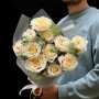 11 peony roses and mimosa in a bouquet «Sunny Capri»