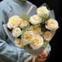 11 peony roses and mimosa in a bouquet «Sunny Capri»