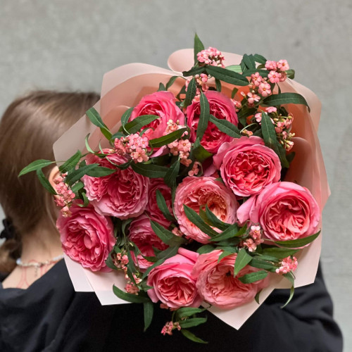 Pink X-Pression peony roses and euphorbia in a bouquet «Pink Miracle»