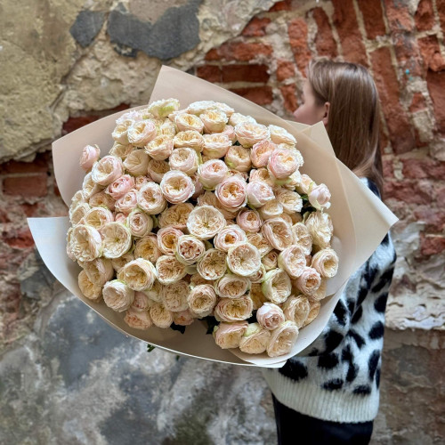 45 гілок кущової піоновидної троянди Darlington у букеті «Розкішний крем»