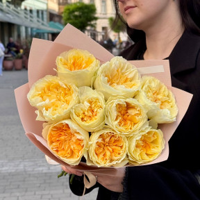 9 піоновидних троянд Antonia у букеті «Сонячне мереживо»