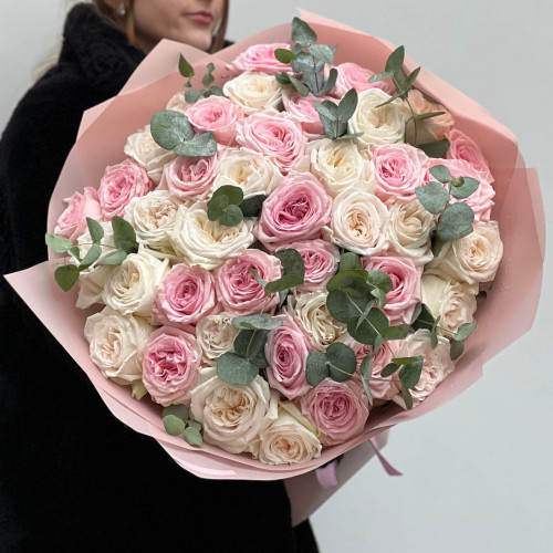 Mix of 39 fragrant peony roses of White O'Hara & Pink O'Hara varieties in a bouquet «Creamy and Pink»