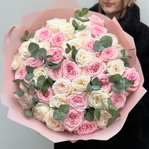 Mix of 39 fragrant peony roses of White O'Hara & Pink O'Hara varieties in a bouquet «Creamy and Pink»