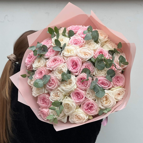 Mix of 39 fragrant peony roses of White O'Hara & Pink O'Hara varieties in a bouquet «Creamy and Pink»