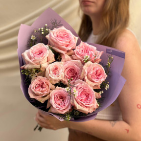9 fragrant Pink O'Hara peony roses in a bouquet «September Aroma»