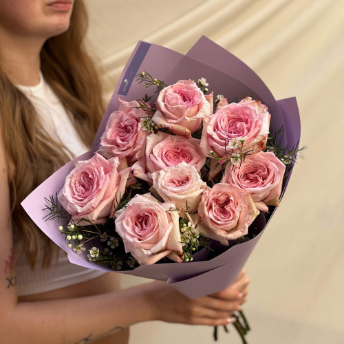 9 fragrant Pink O'Hara peony roses in a bouquet «September Aroma»