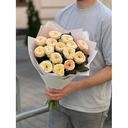 15 піоновидних троянд Stanley Abbey у букеті «Крем Брюле»