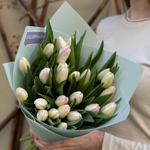 25 светлых тюльпанов в букете «Зефирная нежность»