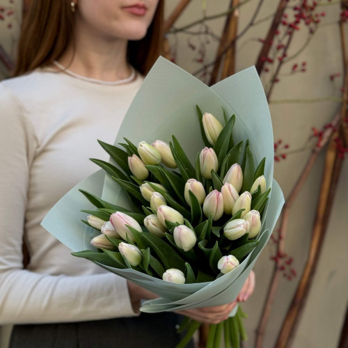 25 светлых тюльпанов в букете «Зефирная нежность»