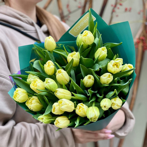 25 піоновидних тюльпанів у букеті «Лаймова насолода»