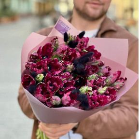 41 преміальний тюльпан з лагурусом у букеті «Чорна перлина»