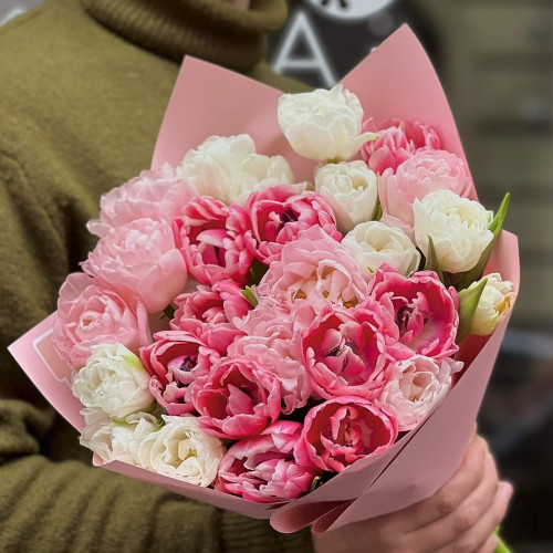 Румʼяний мікс із піоновидних тюльпанів «Присмак полуниці»