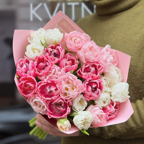 Румʼяний мікс із піоновидних тюльпанів «Присмак полуниці»