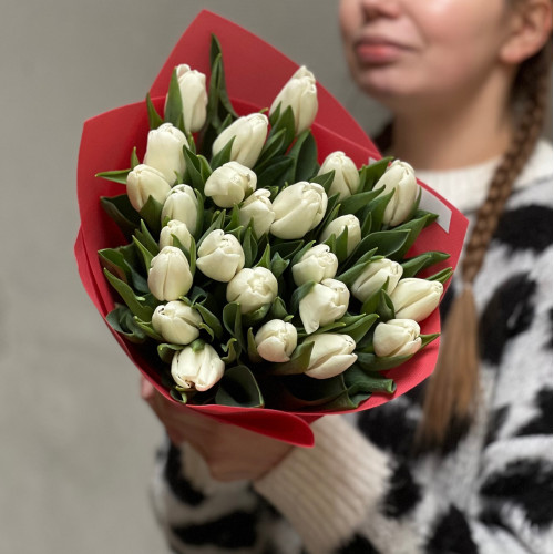 Delicate bouquet of snow-white classic tulips «Purity of Feelings»