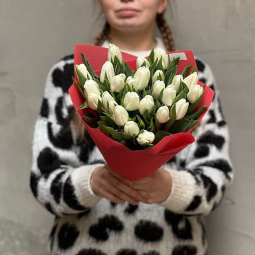 Delicate bouquet of snow-white classic tulips «Purity of Feelings»