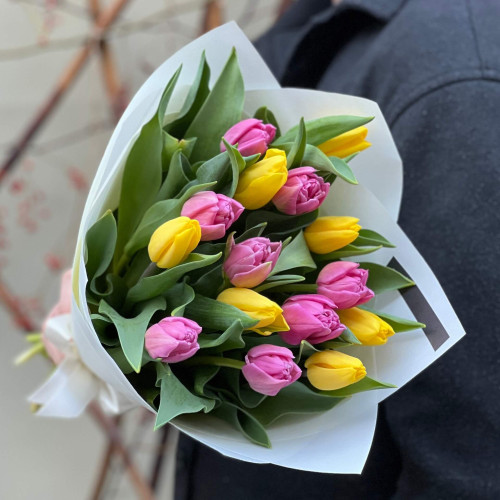 Яскравий мікс із 15 тюльпанів «Радісні краплинки»
