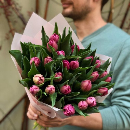 25 піоновидних тюльпанів у букеті «Малиново-весняний»
