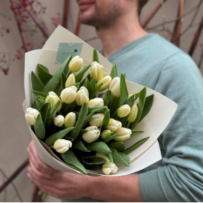 Білосніжний букет з 25 тюльпанів «Білі краплинки»