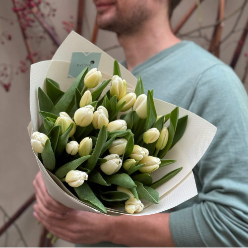Білосніжний букет з 25 тюльпанів «Білі краплинки»
