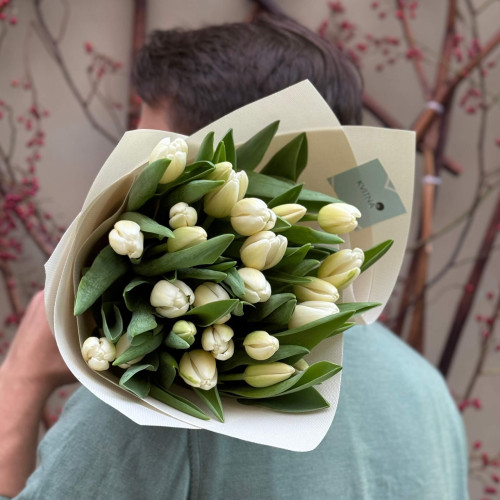Білосніжний букет з 25 тюльпанів «Білі краплинки»