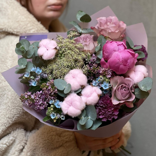 Interesting bouquet with gossypium and peony «Evening Delight»