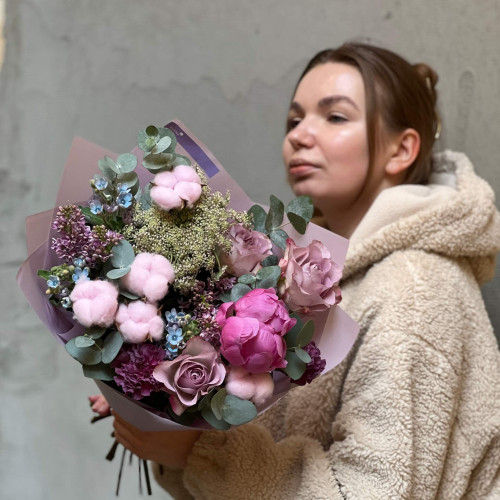 Interesting bouquet with gossypium and peony «Evening Delight»