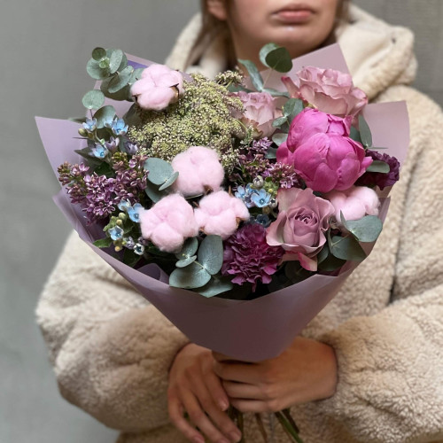 Interesting bouquet with gossypium and peony «Evening Delight»