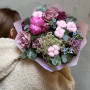 Interesting bouquet with gossypium and peony «Evening Delight»