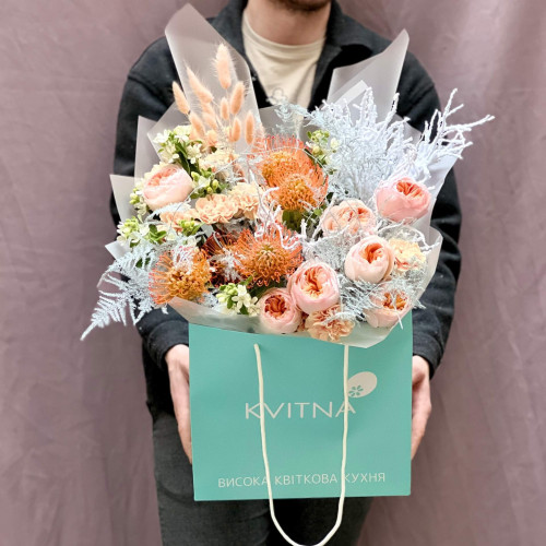 Winter bouquet with exquisite Juliet peony roses «Peach Love»